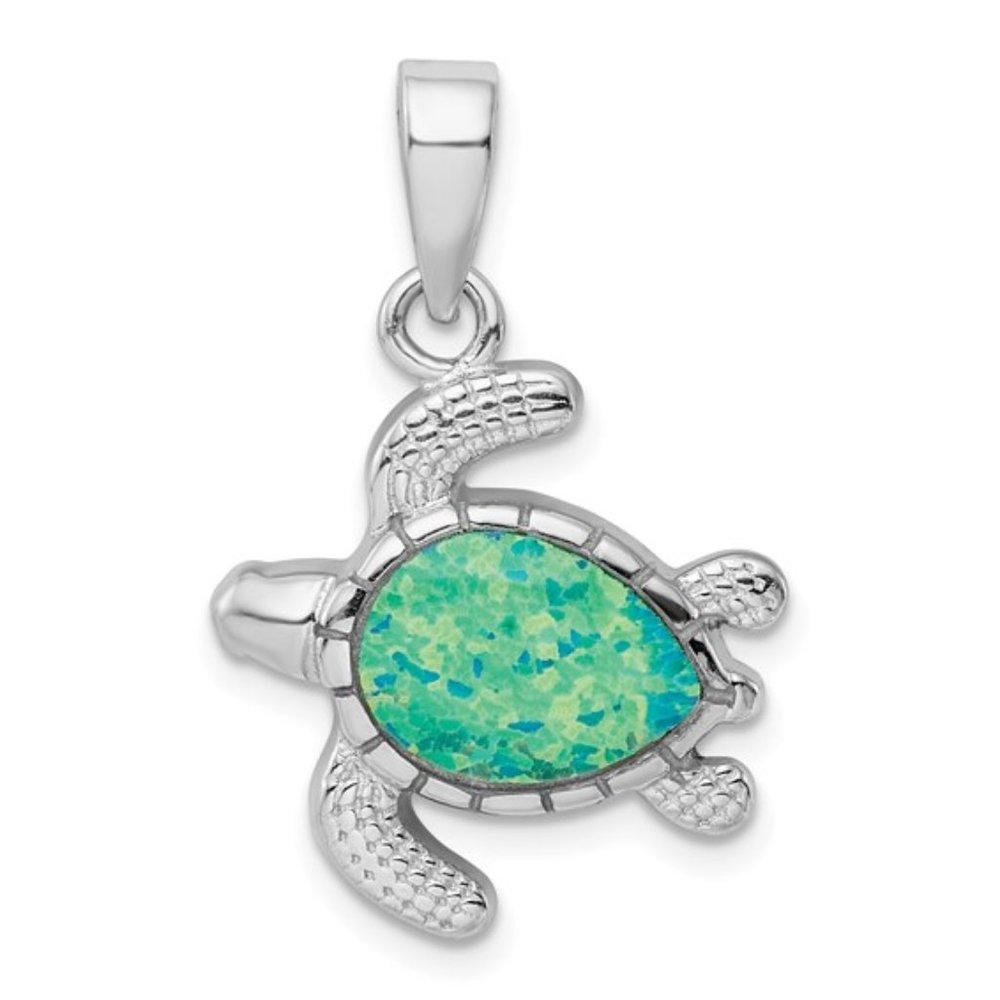 925 Sterling Silver Green Inlay Created Opal Turtle Necklace Charm Pendant